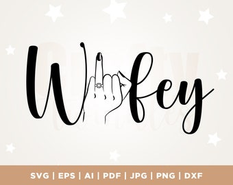 May include: Black and white illustration of the word "Wifey" with a hand making a pinky promise gesture and wearing a diamond ring.