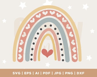 Boho Rainbow SVG, Pastel Rainbow SVG, Cut File, Cricut, Commercial use, Hand Drawn Rainbow, Instant Download, Heart SVG