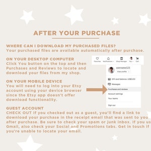 K&ouml;nnte beinhalten: Eine Grafik mit Anweisungen zum Herunterladen gekaufter digitaler Dateien von Etsy. Die Grafik enth&auml;lt Text, der "Nach Ihrem Kauf" und "Wo kann ich meine gekauften Dateien herunterladen?" lautet. Die Grafik enth&auml;lt auch einen Screenshot der Etsy-Website, der den Bereich "K&auml;ufe und Bewertungen" zeigt.