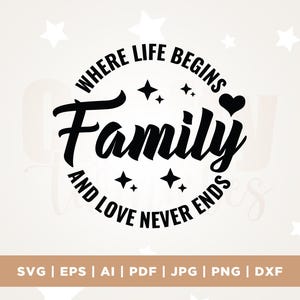 Familie, wo das Leben beginnt und die Liebe niemals endet SVG, Cricut, Familien zwart, Png, SVG, Sublimation, Liebe endet nie PNG, Liebe SVG-Datei, Familienleben