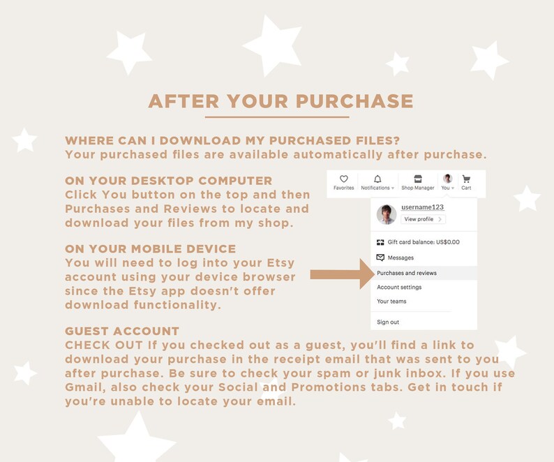 May include: A beige graphic with text that reads "AFTER YOUR PURCHASE." Instructions are provided for downloading purchased files on desktop and mobile devices, and for guest accounts. A screenshot shows the location of "Purchases and reviews" on Etsy.