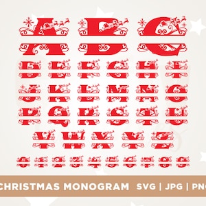 Christmas Split Alphabet SVG, Christmas Monogram Svg, 26 Christmas Capital Letters, Christmas Svg Cut Files, Cricut, Silhouette, sublimation