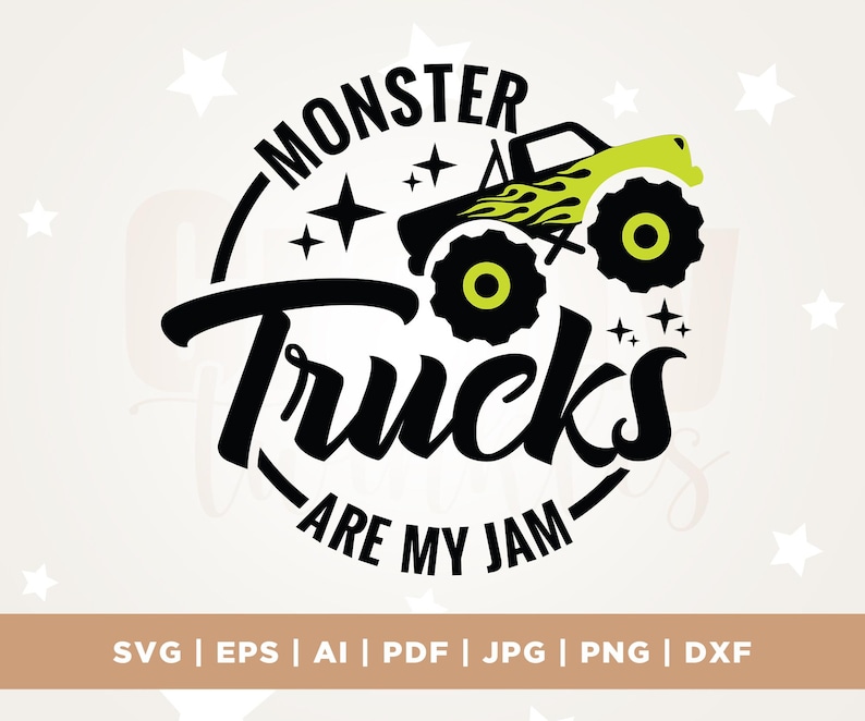 Może przedstawiać: Czarno-biały projekt graficzny z tekstem "Monster Trucks Are My Jam" w k&oacute;łku. Zielony monster truck z płomieniami skacze nad tekstem.