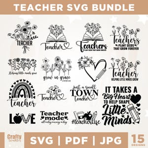 Op de afbeelding: Een verzameling van 15 SVG-ontwerpen met een lerarenthema in zwart en wit. De ontwerpen omvatten bloemstukken, open boeken, harten, potloden en zinnen als "Teacher" en "It takes a big heart."