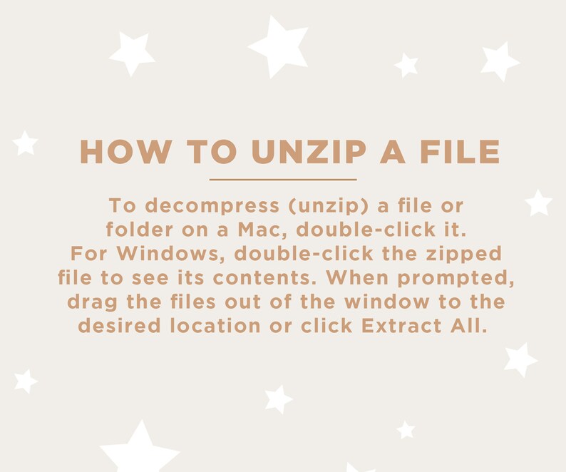 Pu&ograve; includere: Uno sfondo beige con stelle bianche e testo marrone che dice "HOW TO UNZIP A FILE". Il testo sotto spiega come decomprimere un file su un Mac e un computer Windows.