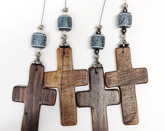 Handmade walnut wood cross ornament with blue glass beads