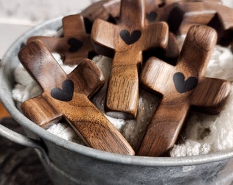 Cross My Heart | Handheld Wooden Cross with Epoxy Heart to Carry in Pocket & Rub your Thumb | Hand Carved Fidget Special Occasion Gift