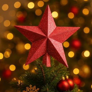 May include: A red glitter star tree topper on a Christmas tree. The star is five-pointed and has a textured surface. Red baubles and a gold snowflake are also visible on the tree, with blurred lights in the background.