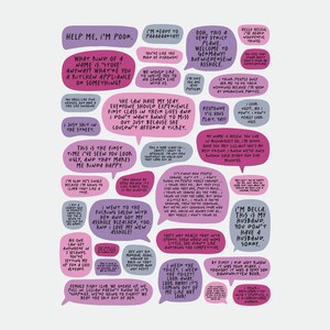 May include: A pink and purple illustration with speech bubbles containing humorous text about relationships, travel, and life. The text includes phrases like "Help me, I'm poor", "I'm ready to paaaaartay!" and "This is the first time I've seen you look ugly, and that makes me kinda happy."