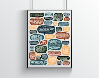 May include: A colorful printable poster with speech bubbles containing inspirational quotes and sayings. The quotes are written in a variety of fonts and colors, and the background is a light brown color.
