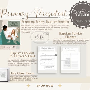May include: A digital printable bundle for Primary Presidents, featuring a checklist for parents and children preparing for baptism, a baptism service planner, and a poem about the Holy Ghost. The bundle includes 11 pages of printable resources.