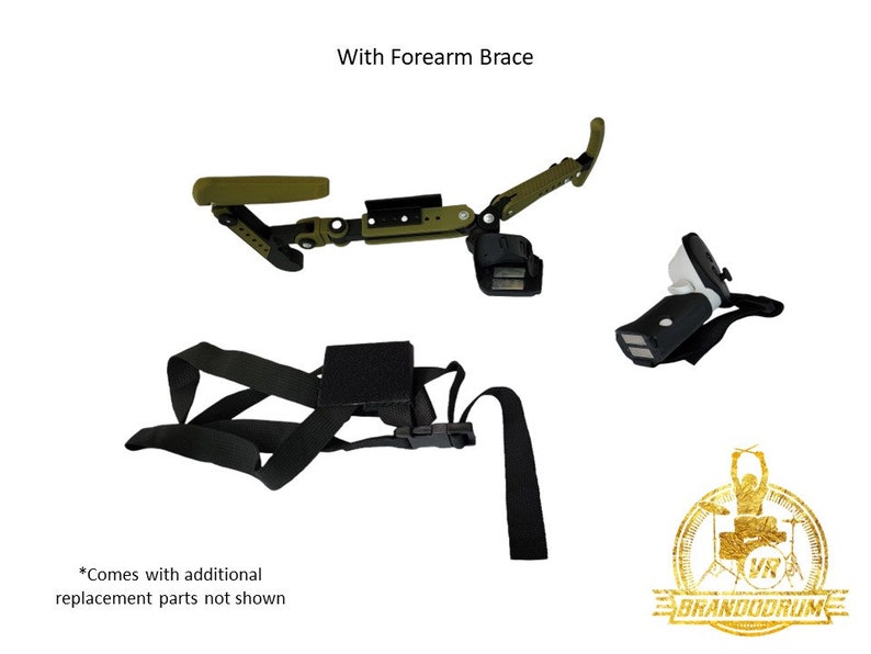 May include: A black and green drum set accessory with a forearm brace, a black and white hand grip, and a black strap with a black and gray pad. The accessory is designed to help drummers play more comfortably. *Comes with additional replacement parts not shown.