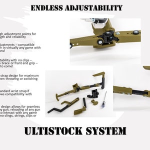 May include: A green and black adjustable stock system for virtual reality gaming. The stock is made of plastic and has multiple adjustment points for a customised fit. The text "ULTISTOCK SYSTEM" is printed on the bottom of the image.