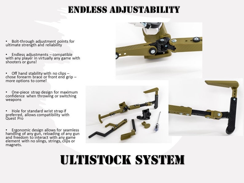 May include: A green and black adjustable stock system for virtual reality gaming. The stock is made of plastic and has multiple adjustment points for a customised fit. The text "ULTISTOCK SYSTEM" is printed on the bottom of the image.