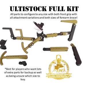 May include: A full kit of Ultistock drum parts in tan and black. The kit includes all parts to configure to any size with both front grip with all attachment variations and both sizes of forearm brace. The text on the image reads "Ultistock Full Kit" and "Best for players who want lots of extra parts for backup as well as being unsure which size to buy."
