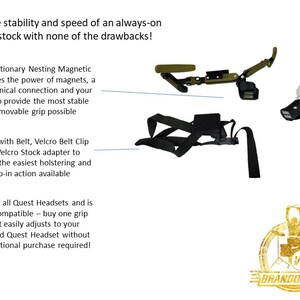 May include: A black and green VR headset strap with a magnetic grip system. The strap is designed to provide a stable and secure fit for the headset. The strap is compatible with all Quest headsets and includes a belt, velcro belt clip, and velcro stock adapter.