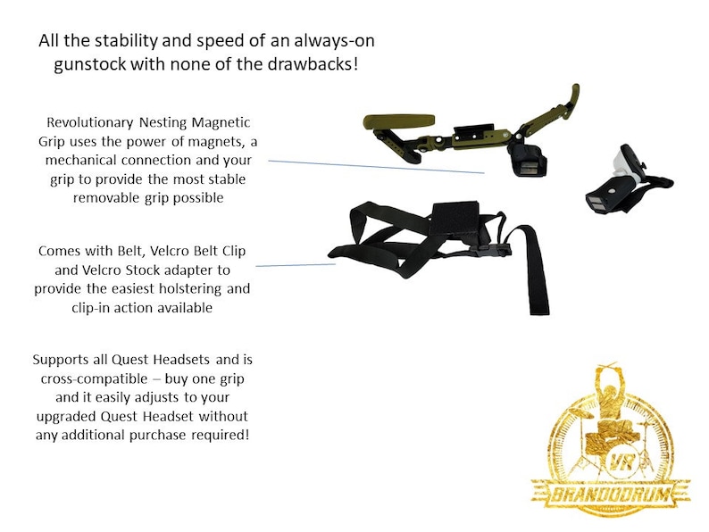 May include: A black and green VR headset strap with a magnetic grip system. The strap is designed to provide a stable and secure fit for the headset. The strap is compatible with all Quest headsets and includes a belt, velcro belt clip, and velcro stock adapter.