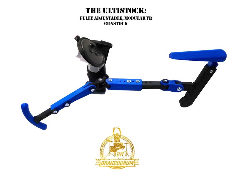 May include: A blue and black adjustable VR gunstock with the text "THE ULTISTOCK: FULLY ADJUSTABLE, MODULAR VR GUNSTOCK" above it.