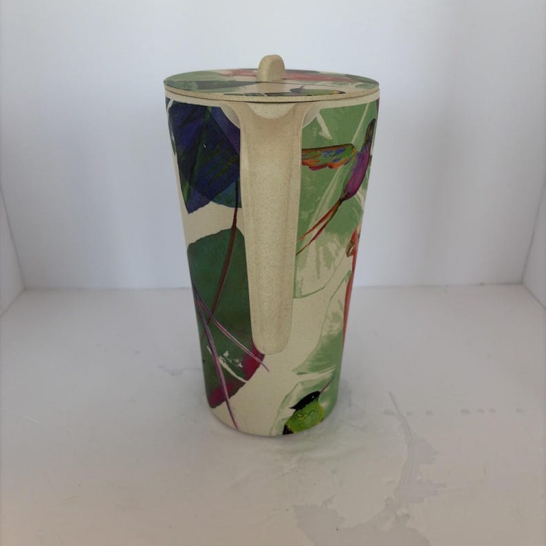 Bamboo Tropical Bird Pitcher Anthropologie style Tropical Summer Tiki Colorful image 4