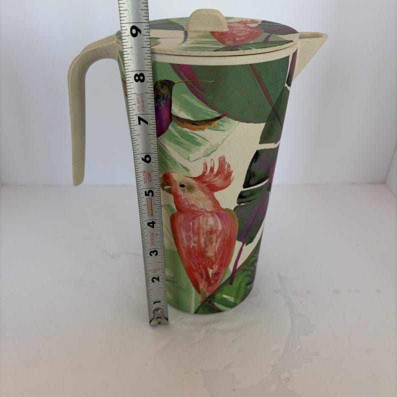 Bamboo Tropical Bird Pitcher Anthropologie style Tropical Summer Tiki Colorful image 8