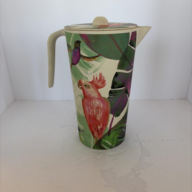 Bamboo Tropical Bird Pitcher Anthropologie style Tropical Summer Tiki Colorful image 1