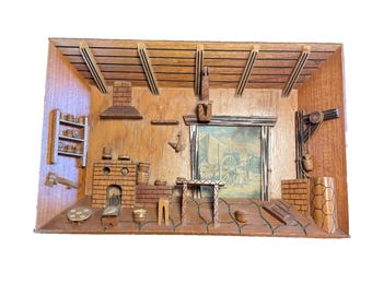 Vintage Mexican Shadow Box Diorama Kitchen Scene Hunting Cabin 1960's MCM 13x18