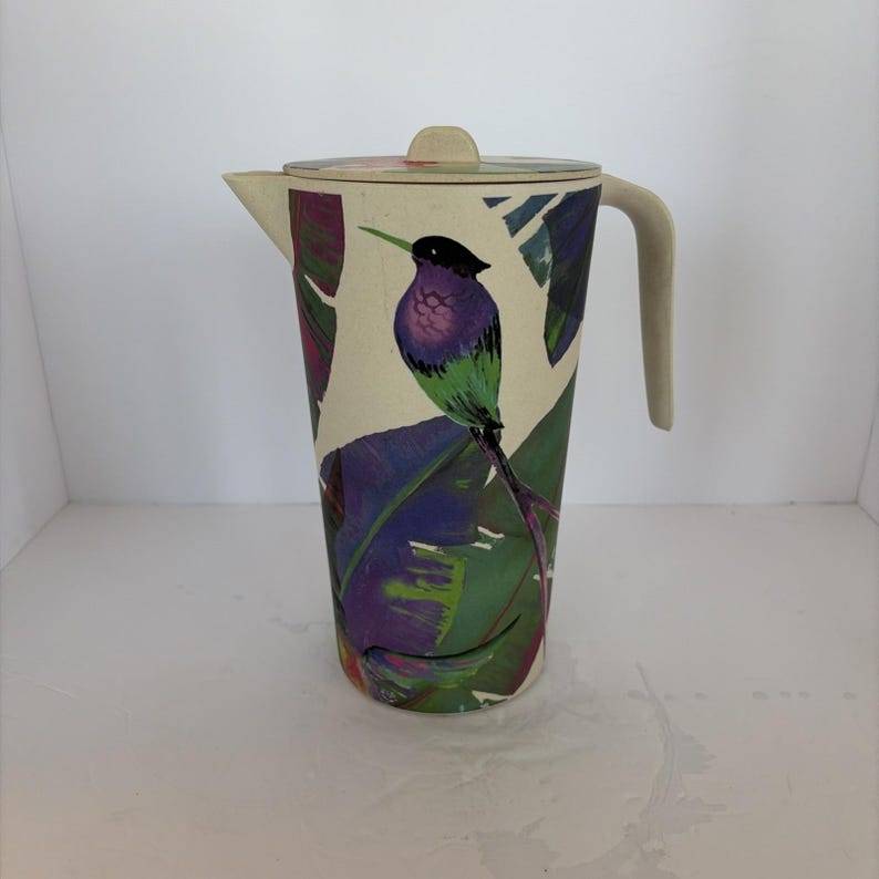 Bamboo Tropical Bird Pitcher Anthropologie style Tropical Summer Tiki Colorful image 2
