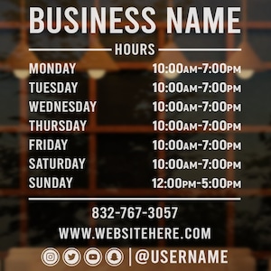 Store Hours Decal - Hours of Operation Sticker - Business Hours Decal - Custom Storefront Open & Closed Sign - Shop Hours - Window Graphics
