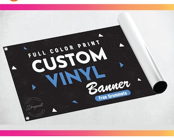May include: A black rectangular vinyl banner with white and blue text that reads FULL COLOR PRINT CUSTOM VINYL Banner Free Grommets. The banner features a subtle pattern of gift boxes and is partially rolled up, showing metal grommets on the side.