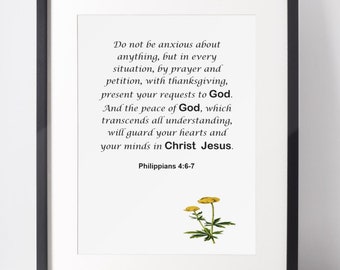 Philipper 4: 6-7, Sei nicht besorgt, Wandkunst, Sofortiger Download, bedruckbar, Christlicher Bibelvers, Geschenk, erhältlich in 4 Größen