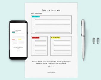 Weekly Christian Goal Planner, Undated Weekly Planner, Digital, Financial, Health, Relationship Goal Planner, Digital Download, Bible Verse