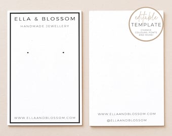 Puede incluir: Una tarjeta blanca con un borde negro y el texto "ELLA & BLOSSOM" y "HANDMADE JEWELLERY" en la parte superior. La tarjeta tiene dos pequeños puntos negros en el medio y el texto "WWW.ELLAANDBLOSSOM.COM" en la parte inferior. La tarjeta es una plantilla para tarjetas de exhibición de aretes.