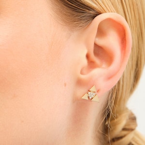 14k Gold Triangle Diamond Stud Earrings: Petite Micro Pave