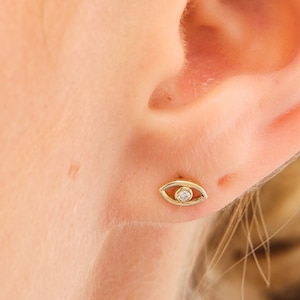 14k Gold Evil Eye Diamond Studs: Minimalist Good Luck Earrings
