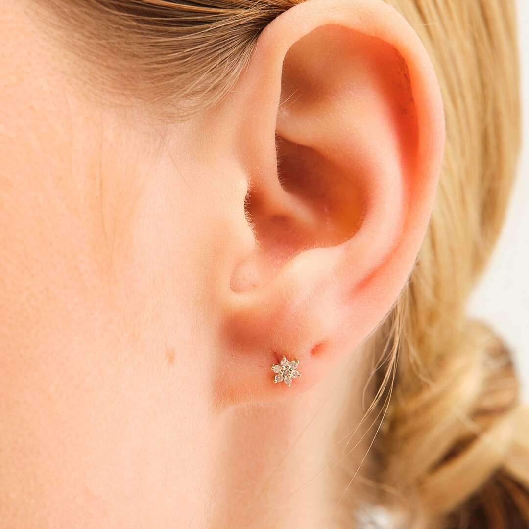 Diamond Earrings 14k Gold Floral Diamond Studs Rose Gold Flower Diamond