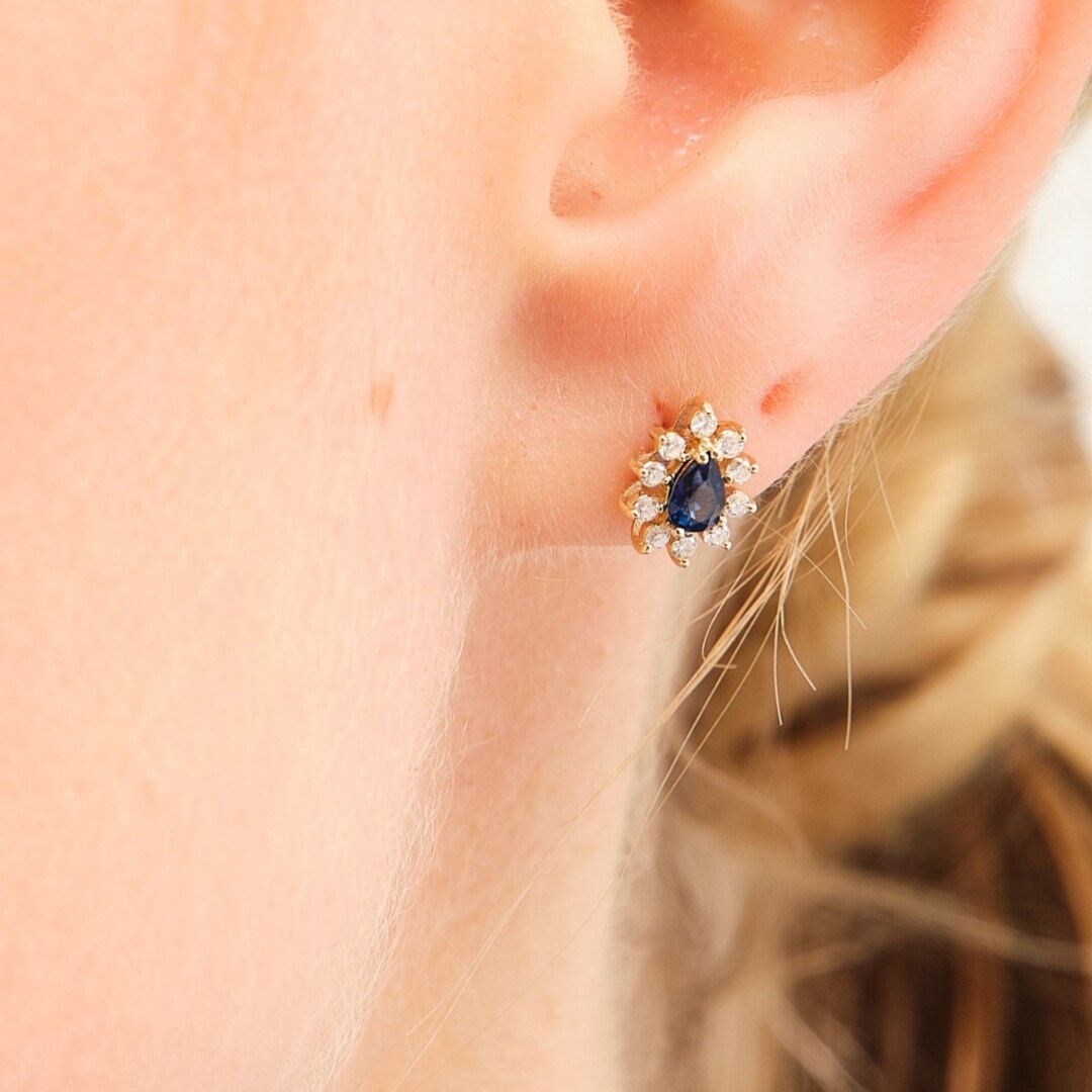 Small Sapphire Stud Earrings in 14k Solid Gold Diamond Earrings for