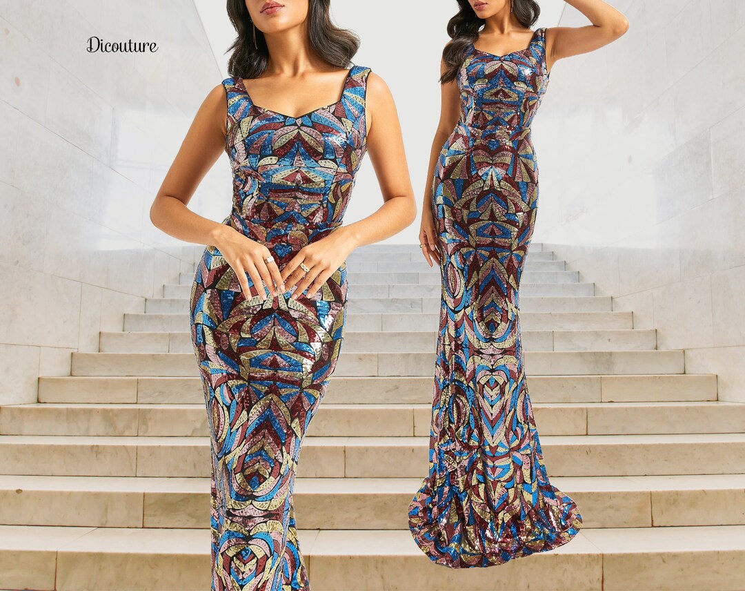 Sexy Mermaid Square Neckline Sequin Floor Length Floral Prom Dresses P2397 main image 0