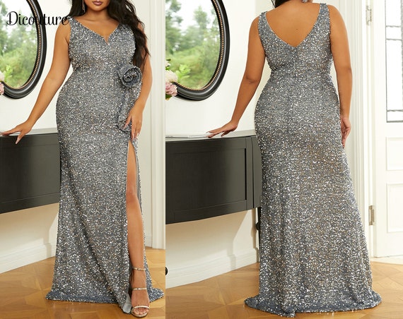 Gray Sleeveless Plus Size Evening Gown Sequin Floral Prom - Canada