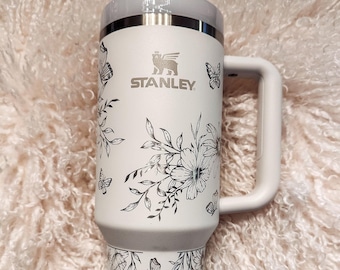 Butterfly Engraved Stanley Quencher 40oz Tumbler - Wildflower Stanley Cup - Butterfly - Flowers - Wildflowers - Gifts for Her