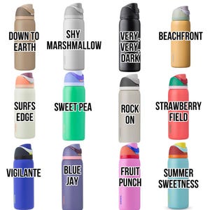 a collection of twelve colorful water bottles, each with a different flavor or color, arranged in a grid-like pattern.