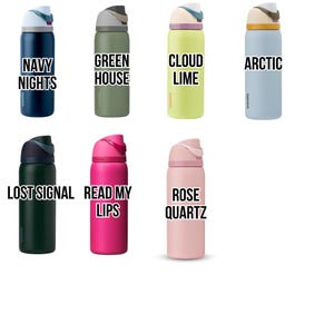 a collection of eight different colored water bottles, each with a unique label or text.