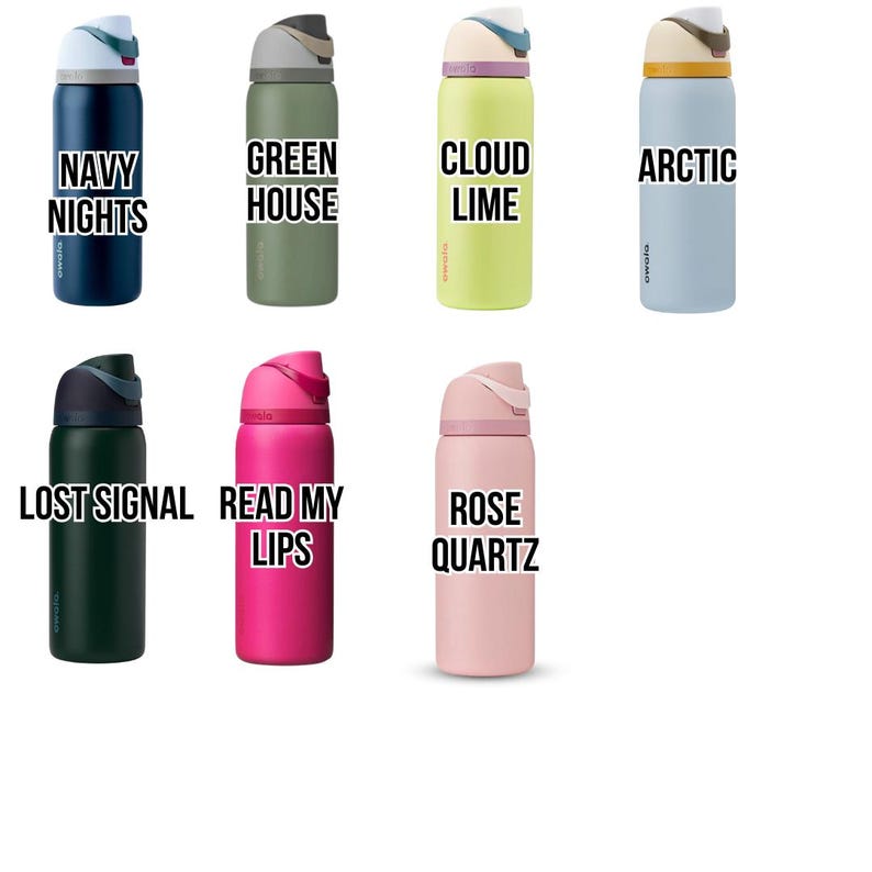 a collection of eight different colored water bottles, each with a unique label or text.