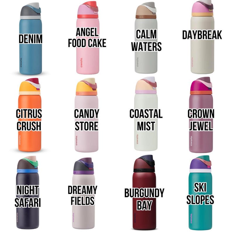 a collection of 12 colorful water bottles, each with a unique design and color.