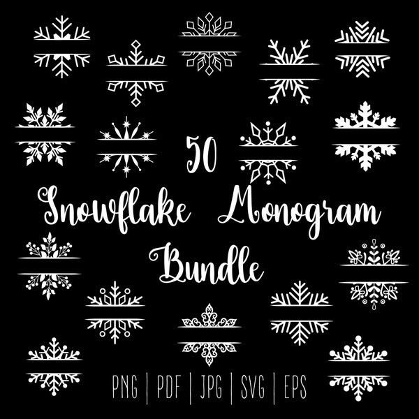 50 Snowflake monogram svg, Snowflake svg, Christmas Ornaments, Snowflakes svg, Winter svg bundle, Snowflake cut file, Snow Svg, Flake winter