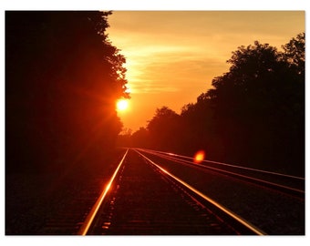 Puesta de sol a lo largo de los rieles, - Póster de papel mate premium