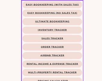 Könnte beinhalten: Eine rosa und weiße Grafik mit dem Text "ULTIMATE Business Bundle" und einer Liste von Business-Tools, darunter "Easy Bookkeeping (with Sales Tax)", "Easy Bookkeeping (No Sales Tax)", "Ultimate Bookkeeping", "Inventory Tracker", "Sales Tracker", "Order Tracker", "Airbnb Tracker", "Rental Income & Expense Tracker", "Multi-Property Rental Tracker", "Pricing Calculator" und "Bonus: Simple Budget". Die Grafik enthält auch den Text "ProfitPlannerLife".