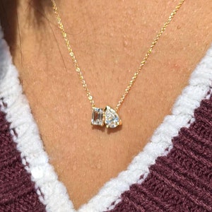 Toi Et Moi Lab Diamond Necklace: 14K Gold, Emerald & Pear Cut, IGI Certified