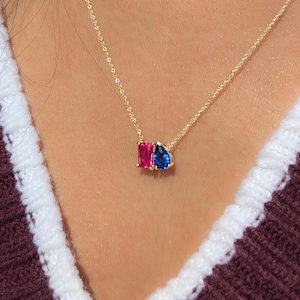Toi et Moi Necklace: 14k Solid Gold Gemstone Birthstone Charm