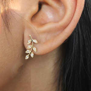 Leaf Stud Earrings | 14K Gold Diamond Stud Earrings for Her | Tiny Leaf Studs for Woman | Gold Diamond Woman Earrings | Christmas Gifts
