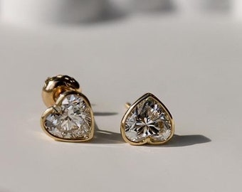 Heart Bezel Stud Earrings| 0.50-5.0 carat Heart Cut Diamond Studs earring |14K Solid Gold White,Yellow,Rose| IGI certified | Heart Lab Studs